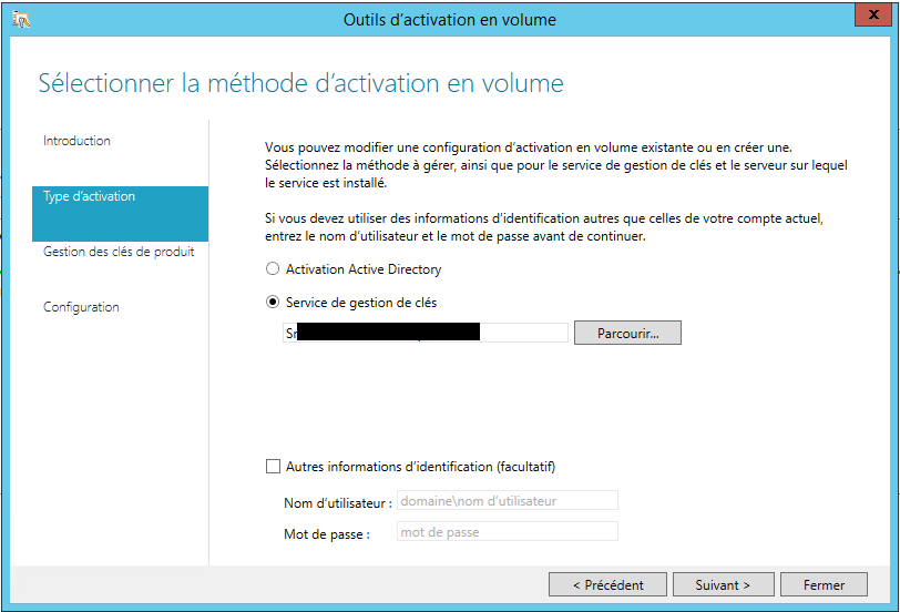 Key Management Service selection screen