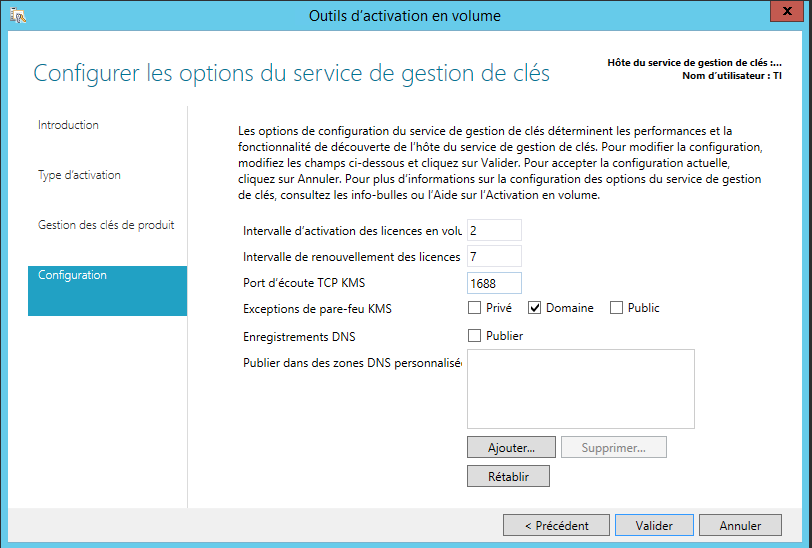 DNS publication configuration screen