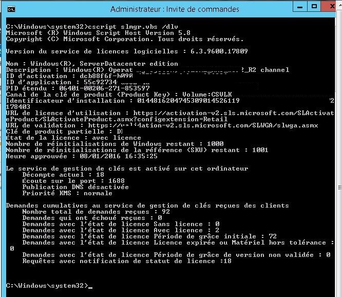 slmgr /dlv output showing KMS status