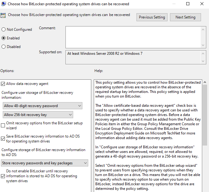 Configuring BitLocker with Windows Security Administration screenshot