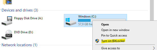 Configuring BitLocker with Windows Security Administration screenshot