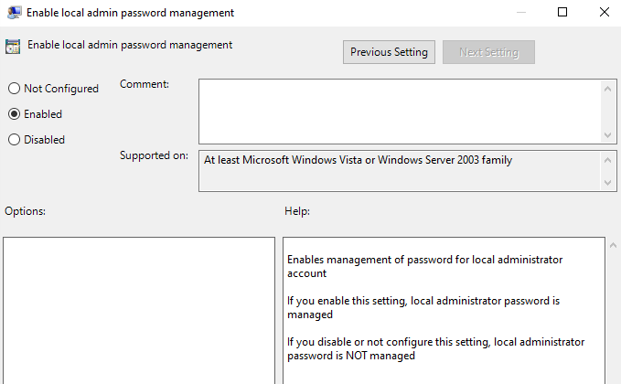 Manage LAPS Configuration Using MSI with Windows Security Administration screenshot