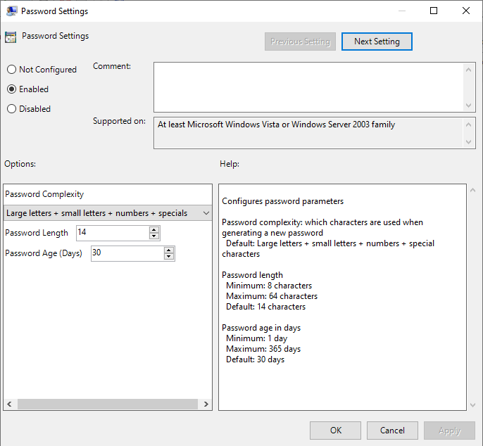 Manage LAPS Configuration Using MSI with Windows Security Administration screenshot