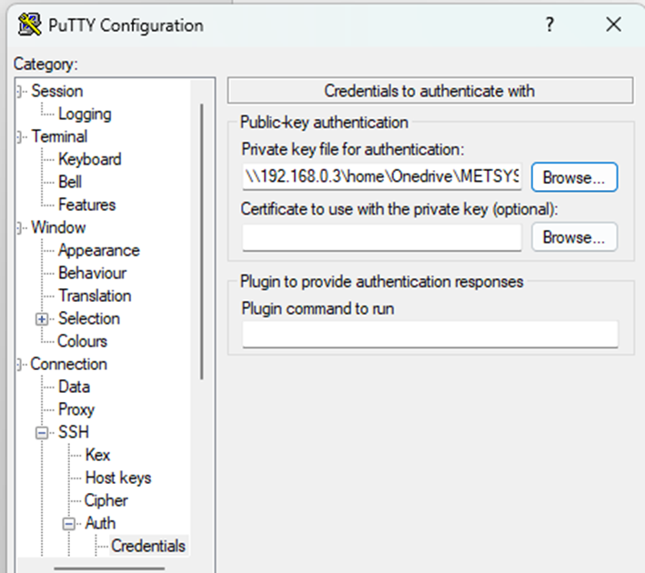 PuTTY configured with a private key