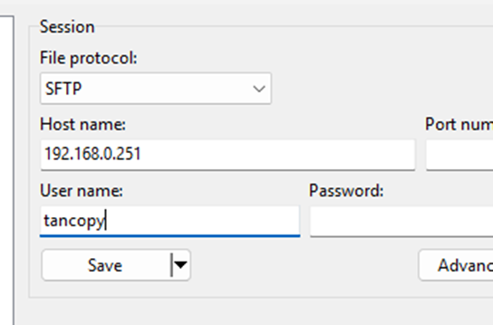 WinSCP session for the tancopy user