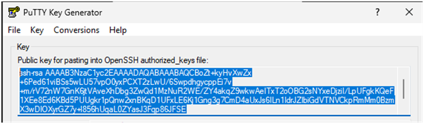 Copy the public key from PuTTYgen