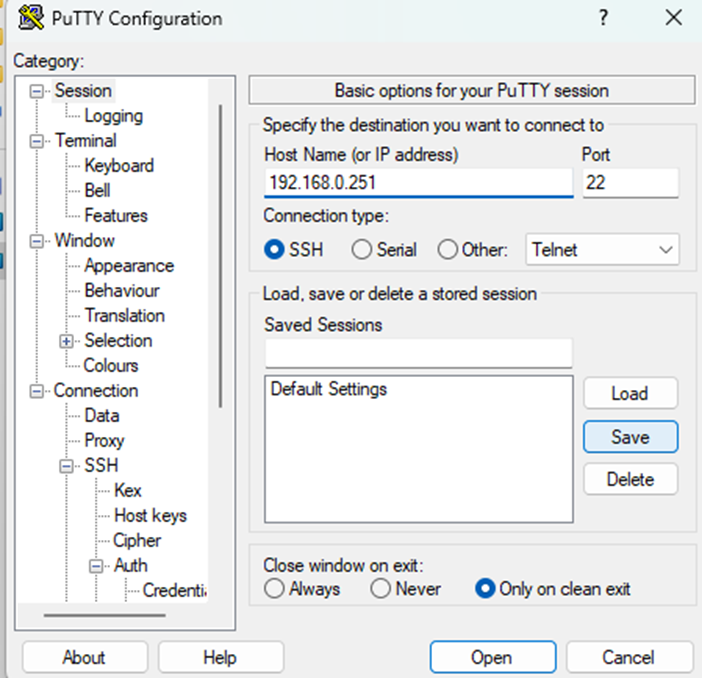 Save the PuTTY session
