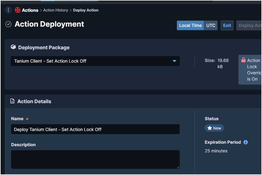 Deploy Action package used to set Action Lock off