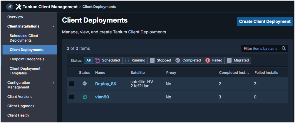 Tanium Client Management page for client deployment settings