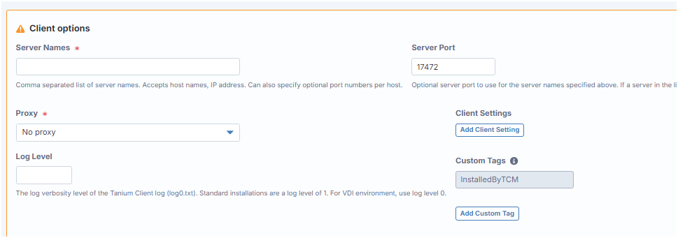 Tanium client deployment settings for server address and bootstrap configuration